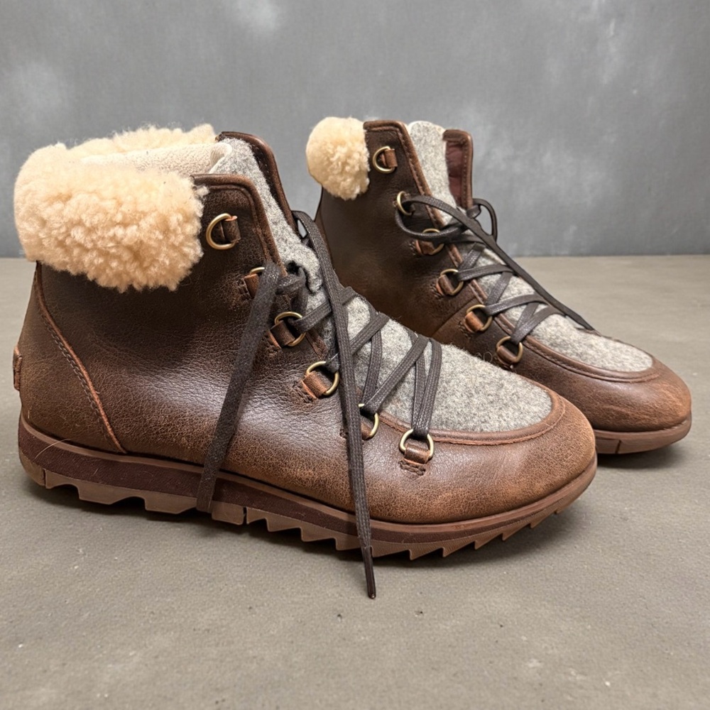 Sorel Harlow Brown and Gray Shearling-Lined Boots